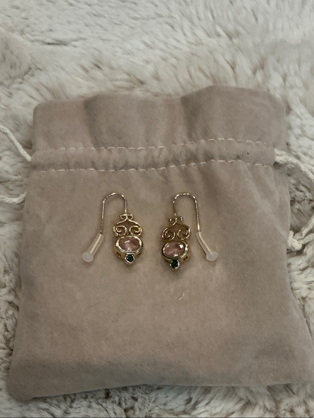 Gold Tone Pink & Green Crystal Scroll Filigree French Hook Earrings